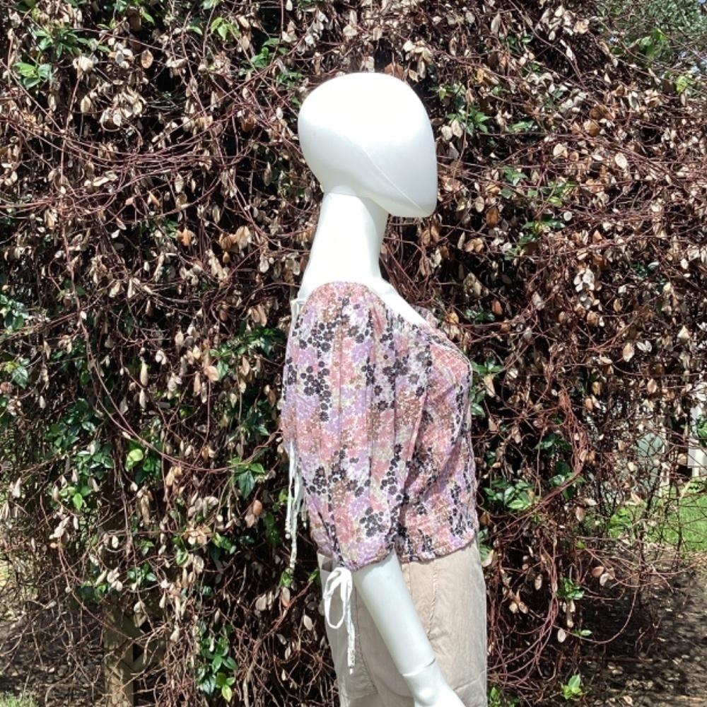 Free People Smocked Puff Sleeve Tie Back Crop Top - Picture 3 of 10
